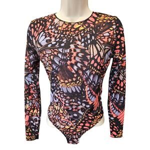 Yitty sz S thong long sleeve semi Sheer body suit lined torso EUC butterfly geo